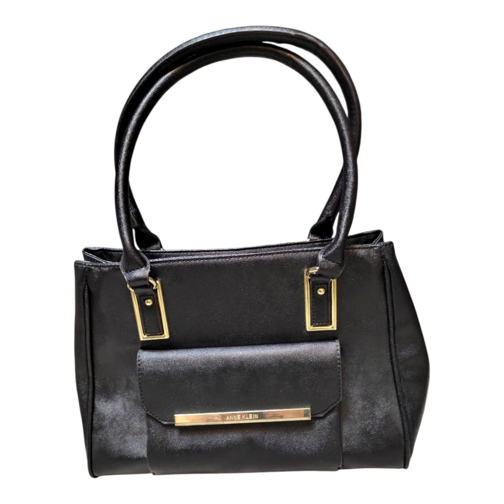 Anne Klein Black Double Handle Shoulder Bag Polka Dot Satin-Lined